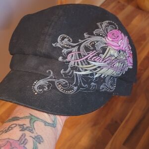 Black Cap with Pink and Gray Embroidery